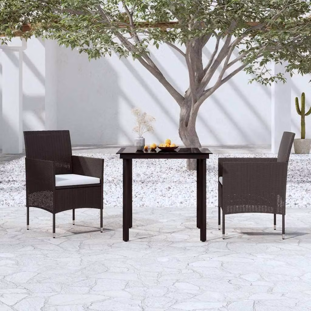 Set da pranzo da giardino vidaXL in polyrattan con tavolo in vetro e cuscini, 3 pezzi, nero
