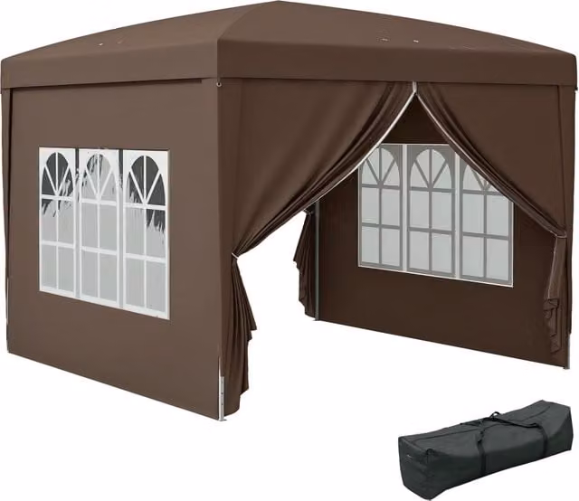 Gazebo Pieghevole Pop-up XYLO Marrone con 4 Pareti Laterali Anti-UV e Borsa, L/P/H: 3 x 3 x 2,58 m