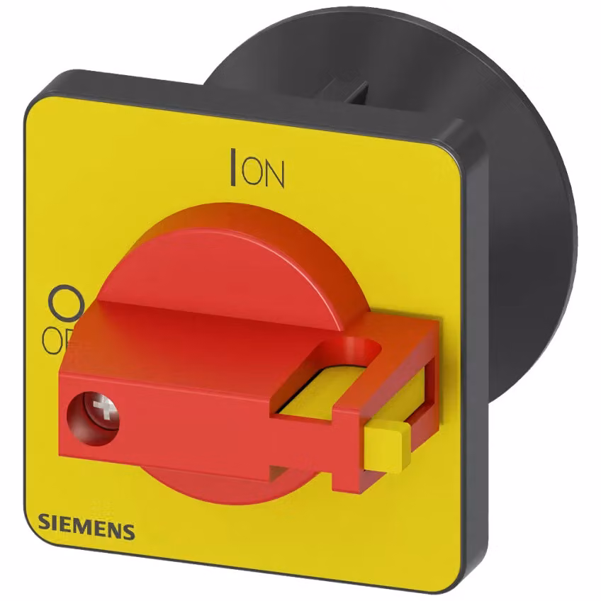 Manopola Siemens, rosso/giallo 48x48 mm, fissaggio frontale, foro centrale da 22,5 mm, 3LD93435C