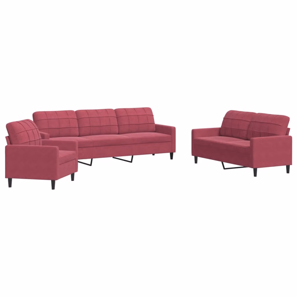 Set di Divani 3 pz con Cuscini Rosso Vino in Velluto
