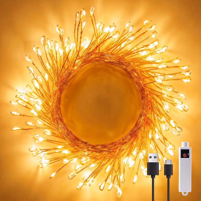 Catena luminosa con 100 LED, luce bianco caldo, filo di rame, ricaricabile tramite USB, con timer