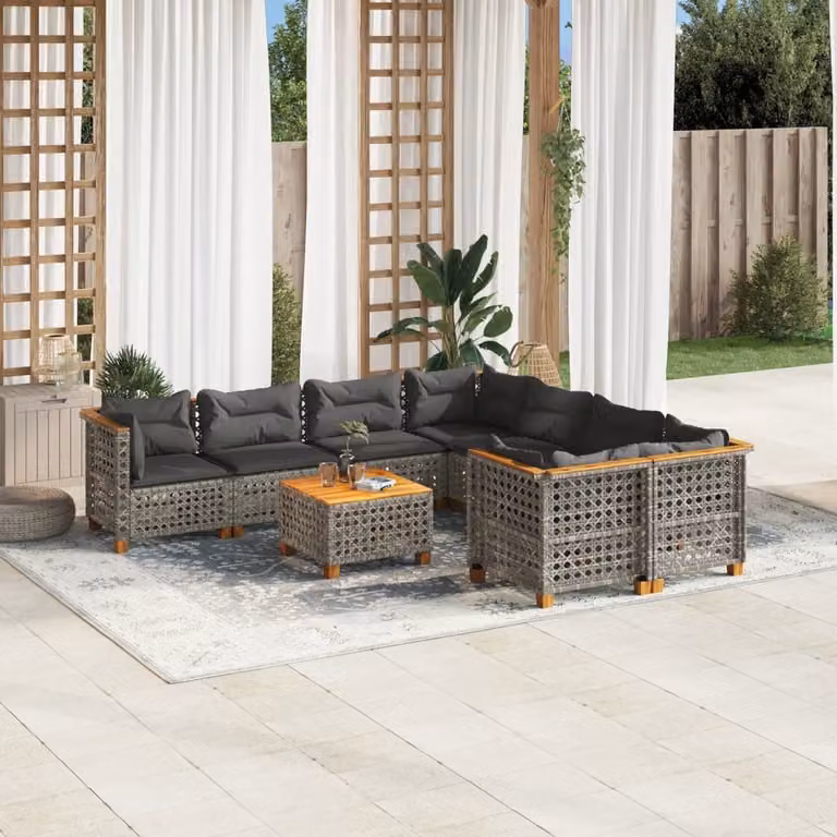vidaXL Set Divano da Giardino a L 9 pz in Polyrattan Grigio con Cuscini e Tavolino da Caffè