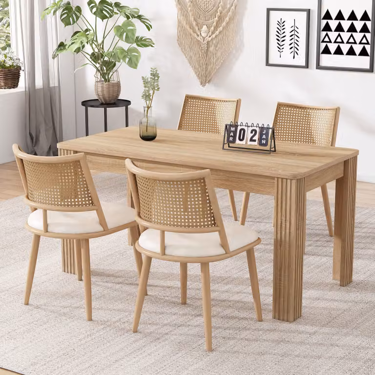 MODFU - Sedia da pranzo imbottita (set di 4 pezzi) con gambe in legno, sedia da pranzo con schienale in rattan, tavolo. Sedia da pranzo adatta per soggiorno e camera da letto, color beige