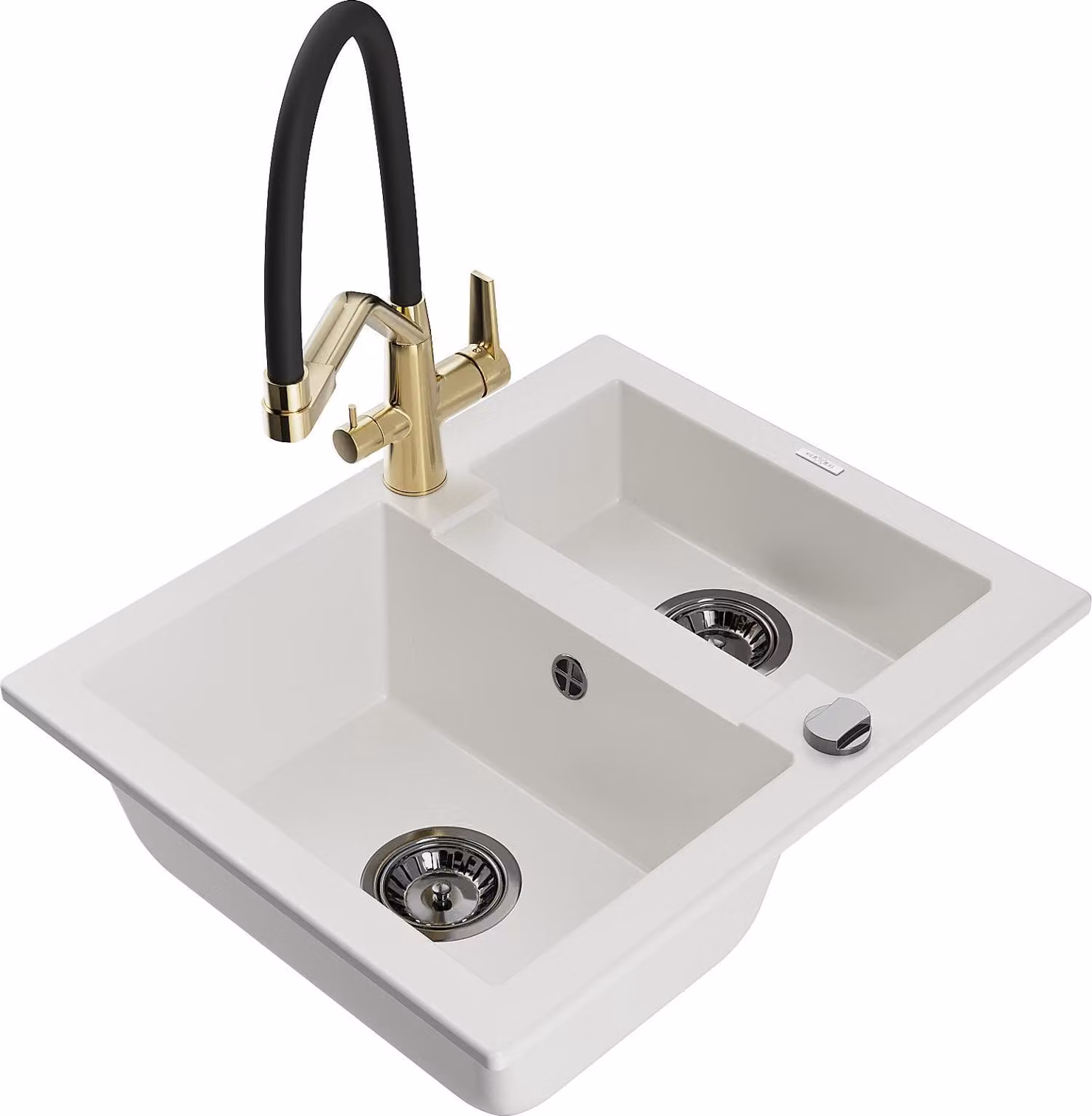 Mexen Carlos lavello da cucina in granito 1,5 vasche con miscelatore Duo, bianco - 6518-20-671701-57-B