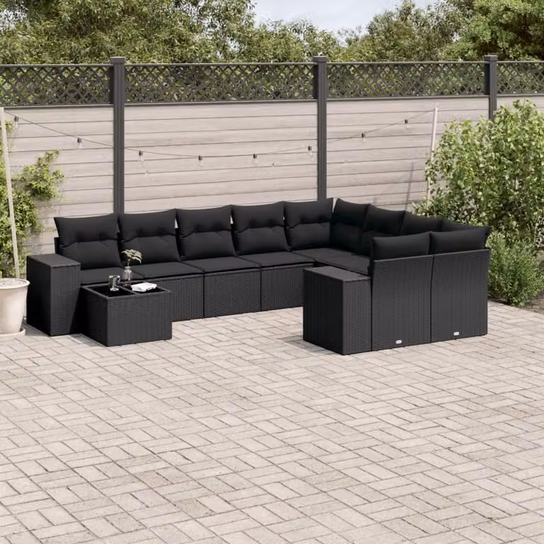 Set di divani da giardino vidaXL in polyrattan nero con cuscini e tavolino da esterno a forma di L