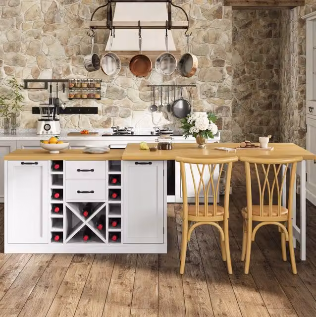 Isola cucina girevole 360° con 2 cassetti e portabottiglie removibile 120-223x40x73;8 cm bianca