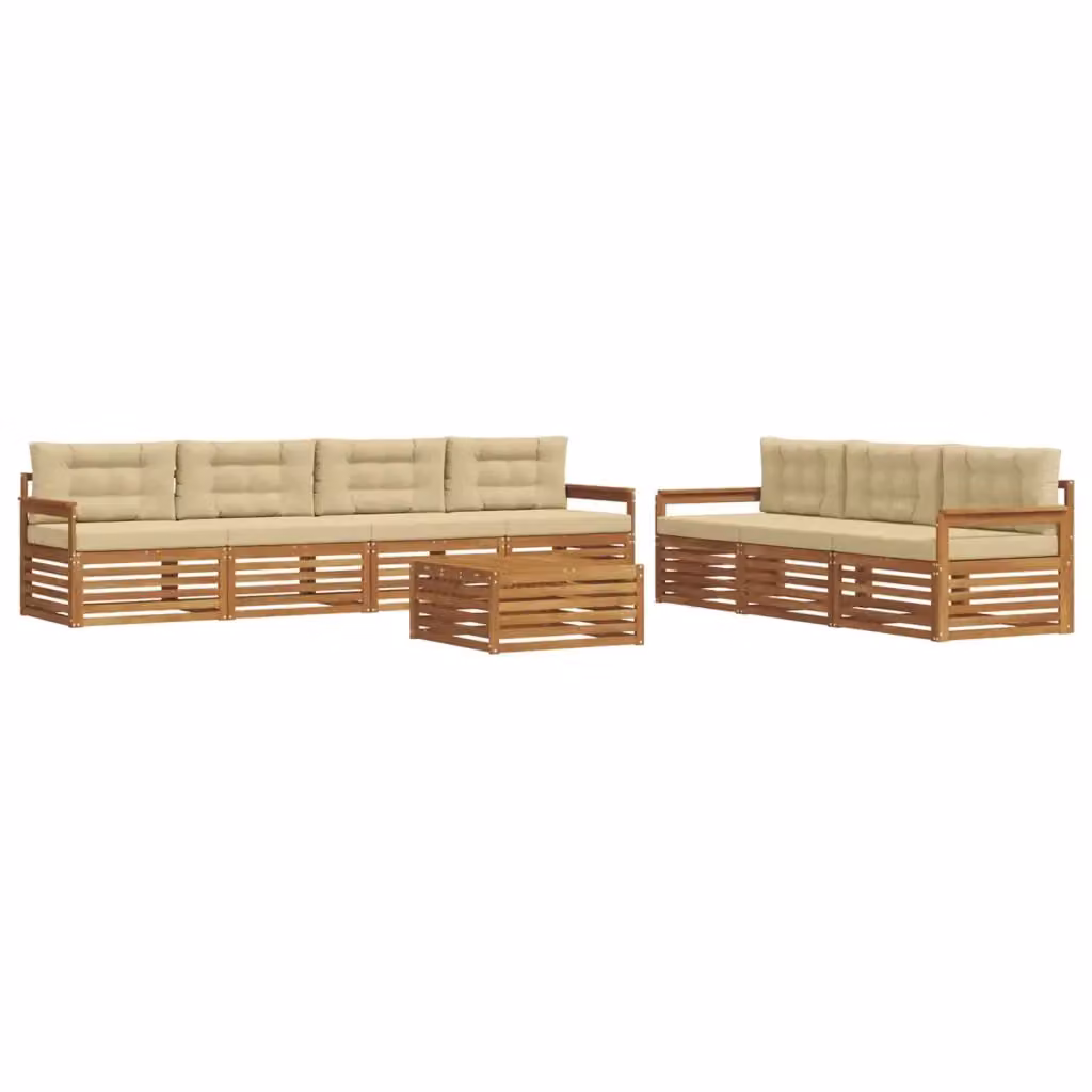 Set di mobili da giardino vidaXL composto da 8 pezzi con divano a 3 posti a forma di L, tavolino da caffè e cuscini in tessuto beige e sabbia con struttura in legno di acacia trattato – 2