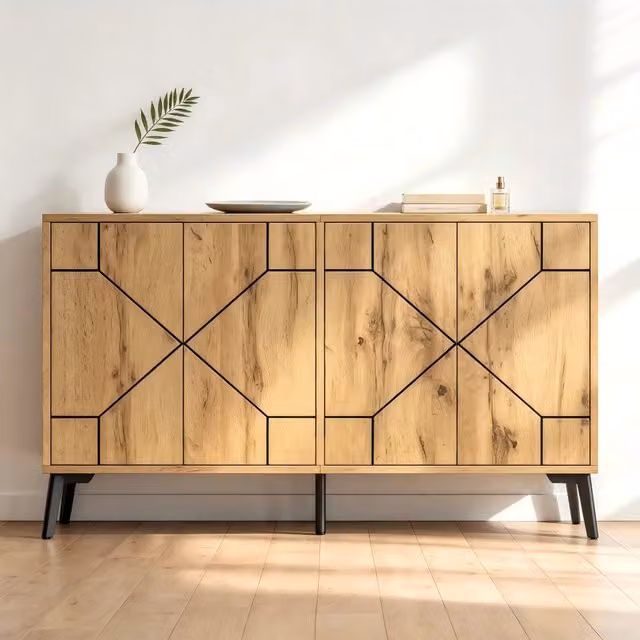 Consolle Minimal con 4 ante in MDF e metallo, colore legno e nero, L 120 x P 35 x H 69 cm