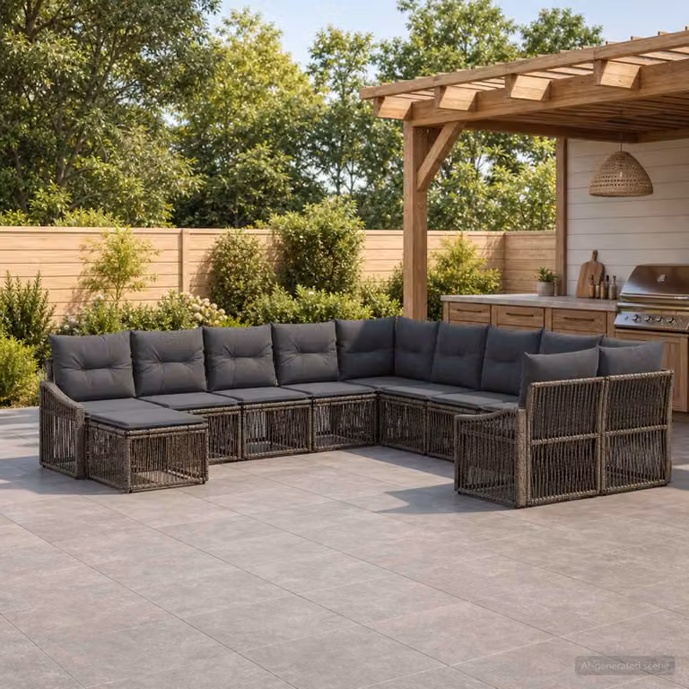 Set Divano da Giardino vidaXL 11 pz Grigio con Poltrona, Elementi Angolari e Ottoman in Polyrattan e Metallo con Cuscini Inclusi