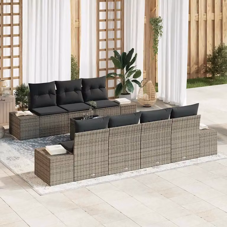 Set Divano da Giardino vidaXL 8 Pezzi in Polyrattan Grigio con Cuscini e Tavolino