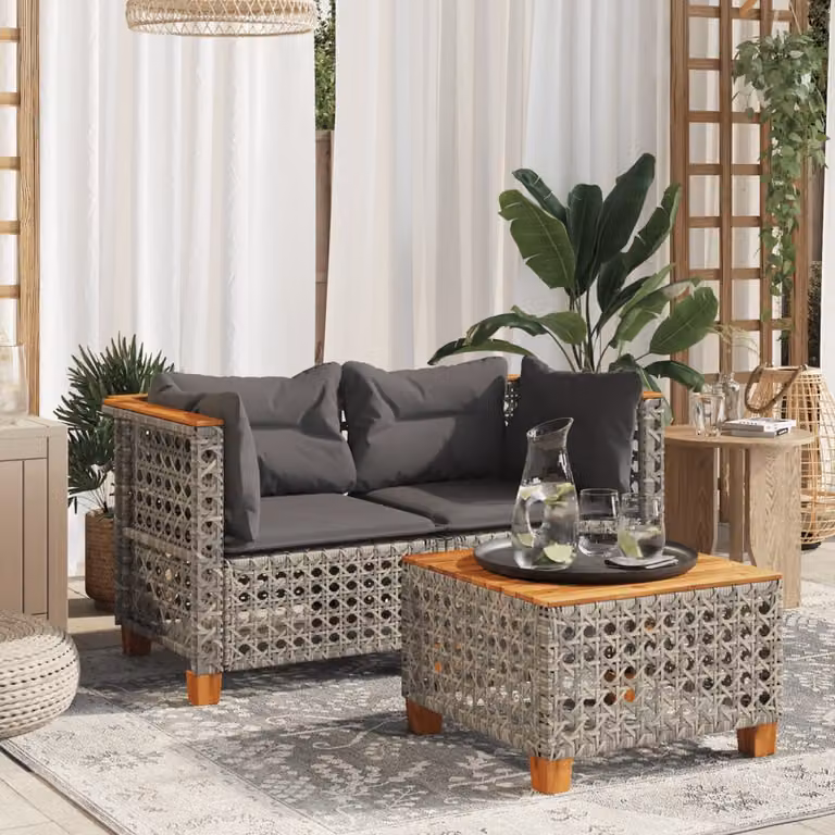 Set di divani angolari da giardino vidaXL in polyrattan e legno di acacia grigio con cuscini rimovibili
