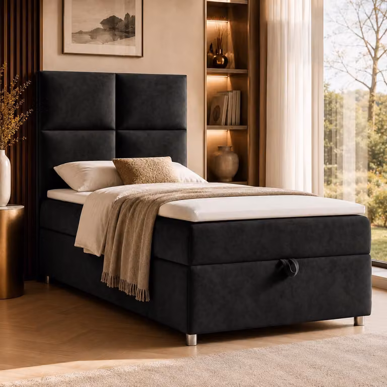 Best for Home Letto boxspring con contenitore Trinity K2-SINGLE 90x200 Materasso a molle Bonell incl. topper – Nero