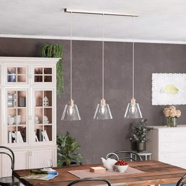 Lampadario moderno sospeso Eglo Copley in metallo oro e vetro trasparente con 3 lampadine E27