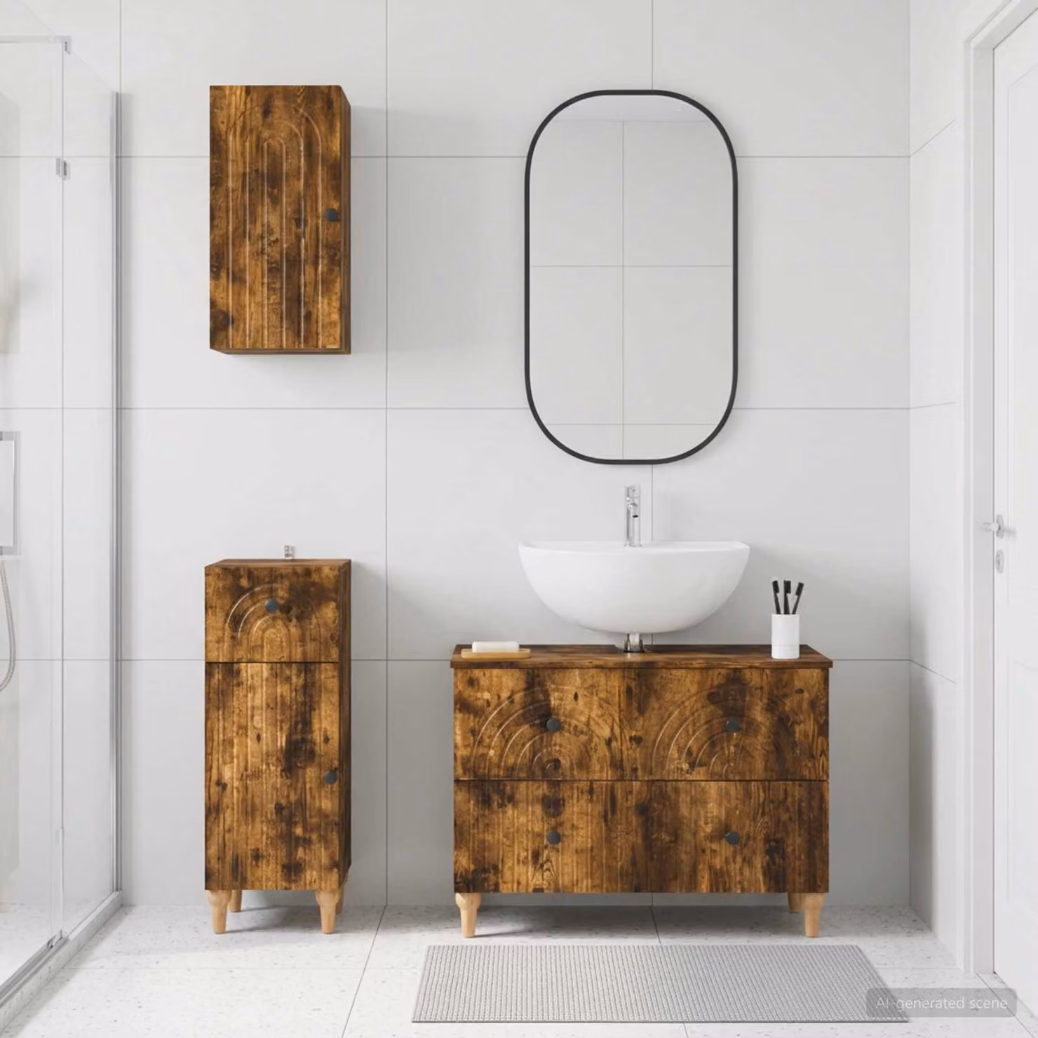 Set di armadietti da bagno vidaXL ALKMAAR in 3 pezzi, Rovere Fumo, design minimalista con vanità e pensili a muro