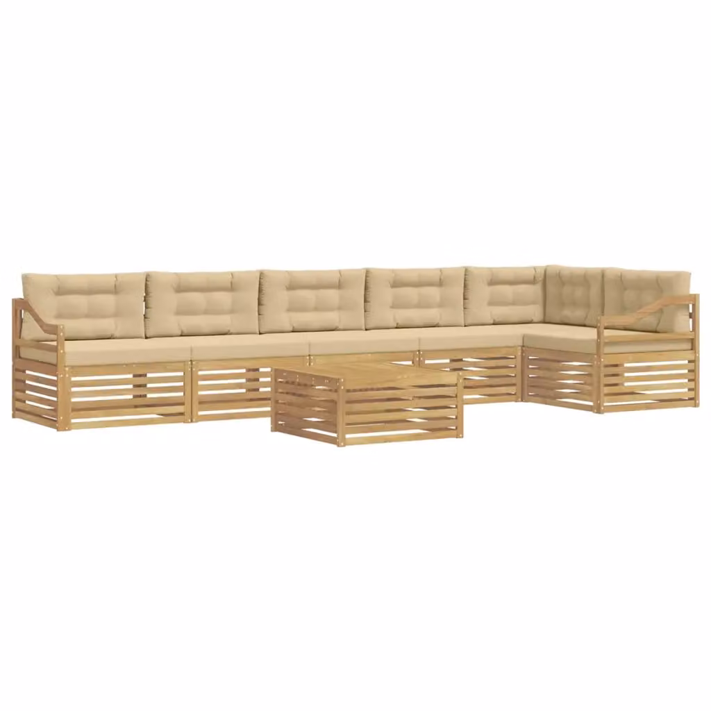 Set di divani da esterno a L vidaXL in legno di acacia con tavolo da caffè e cuscini, Bianco e Beige – 2