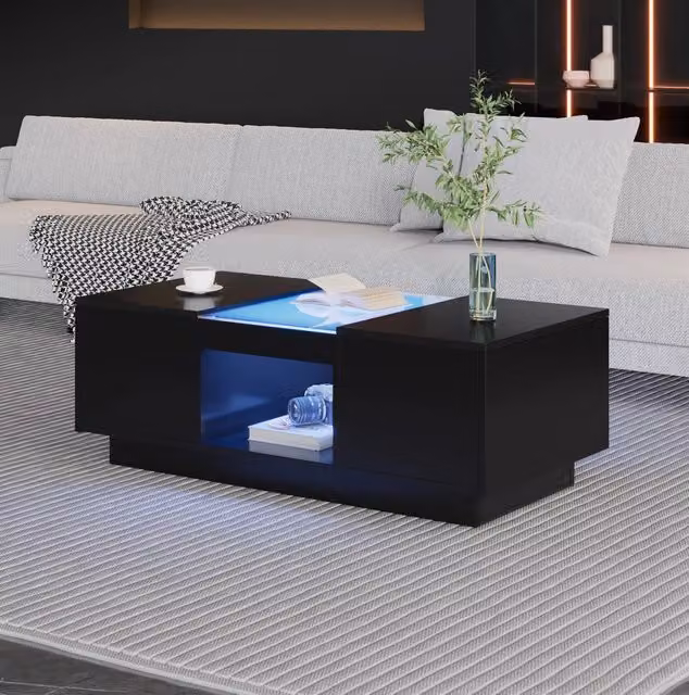 Tavolino da salotto ULEVR 100x50x35,5 cm con LED controllabile via app, 2 cassetti e vano aperto, nero