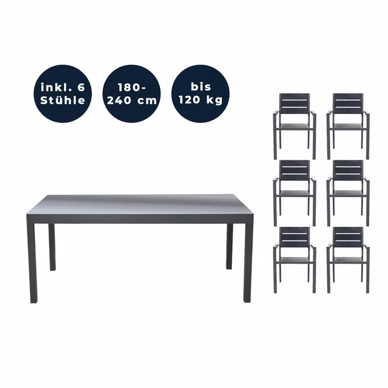 Home Deluxe - Tavolo da giardino allungabile - SOL - ca. 180 (240) x 90 x 75 cm - incl. 6 sedie, incl. accessori I Mobili da giardino tavolo allungabile set da balcone
