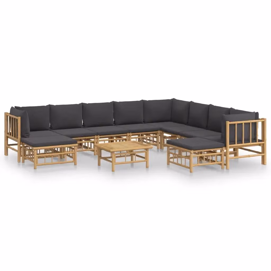 Set Salotto da Giardino vidaXL in Bambu con Cuscini Grigio con Tavolino e Ottoman 11pz – 2