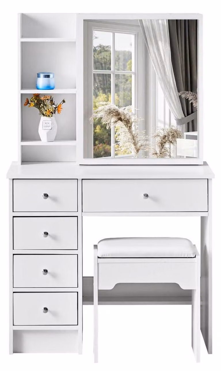 Set da trucco con sgabello, 5 cassetti, specchio, 7 ripiani, colore bianco