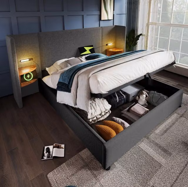 Letto 160x200 cm con contenitore idraulico, luci lettura e ricarica USB/USB-C grigio