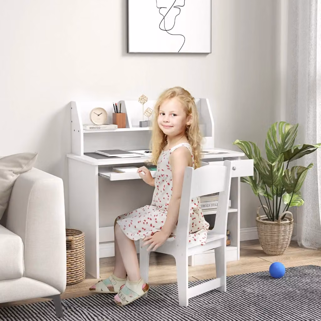 EasyComfort Set Banco Scuola e Sedia per Bambini con Scaffale e Mensola, Colore Bianco – 2