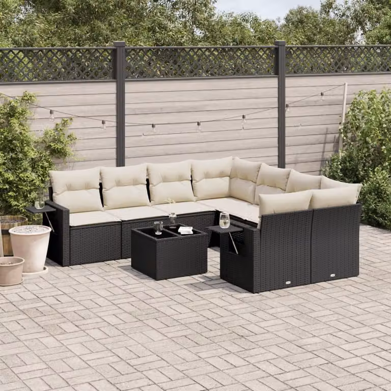 vidaXL Set Divani da Giardino a L 9 pz in Polyrattan Nero con Cuscini e Tavolino