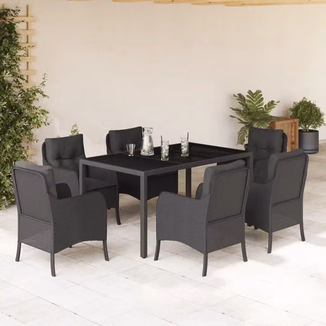 Set da pranzo da giardino vidaXL in polyrattan nero con tavolo in vetro e 7 pezzi – 1