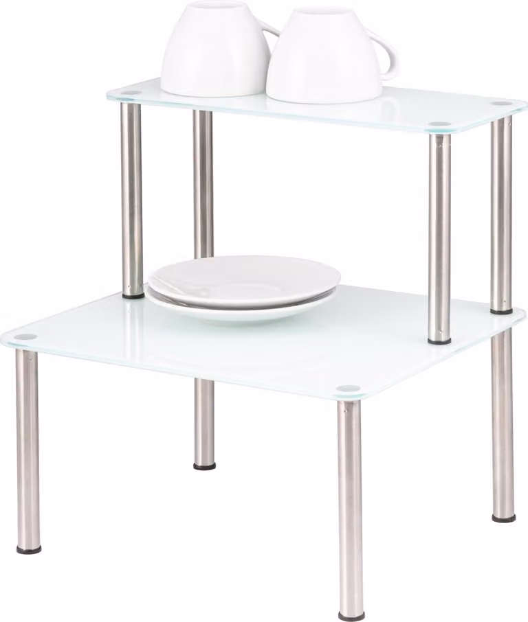 : scaffale in vetro bremermann, scaffale da cucina a 2 livelli, ripiani in vetro con piedi in acciaio inossidabile, scaffale per il bagno, forma quadrata, dimensioni circa 28 x 32 cm, colore bianco