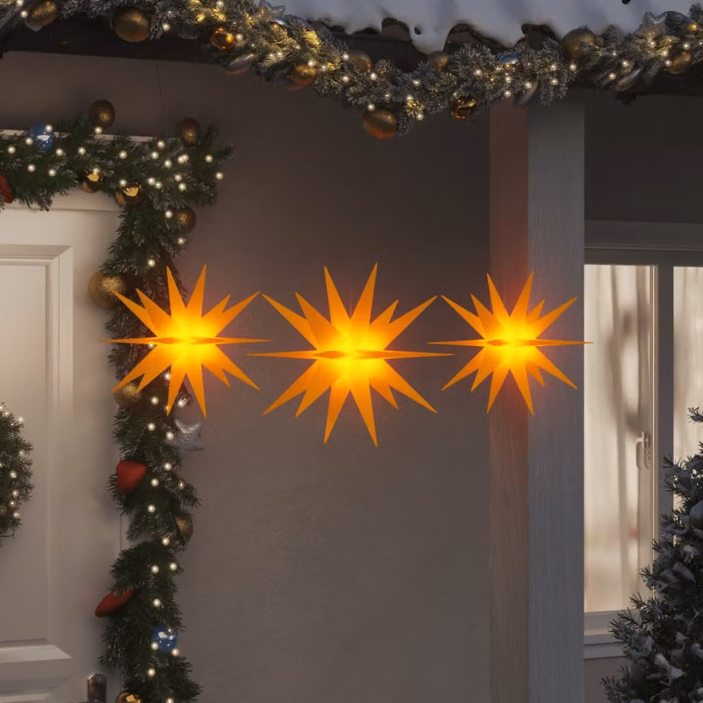 Set di 3 Luci di Natale a Stella con LED vidaXL, Colore Giallo e Bianco Caldo, Pieghevoli con Timer
