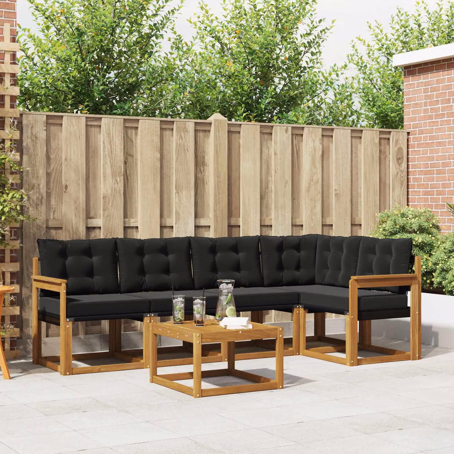 Set di divani da esterno vidaXL 6 pz a forma di L con tavolo da caffè, in legno di acacia trattato e tessuto textilene, colore marrone e nero