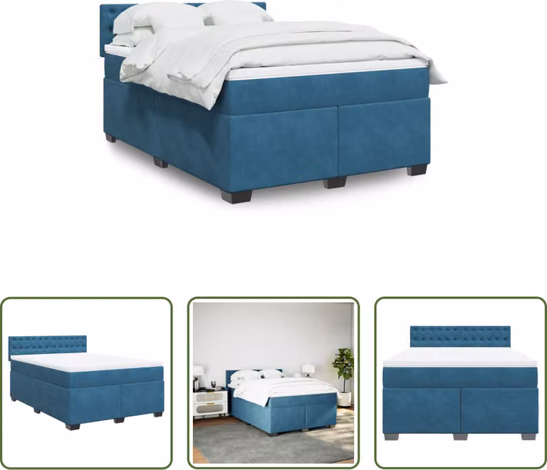 The Living Store Letto a molle con materasso blu scuro 140x190 cm in velluto