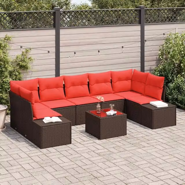 Set Divano da Giardino 8 pz Beige e Rosso polyrattan 3355653