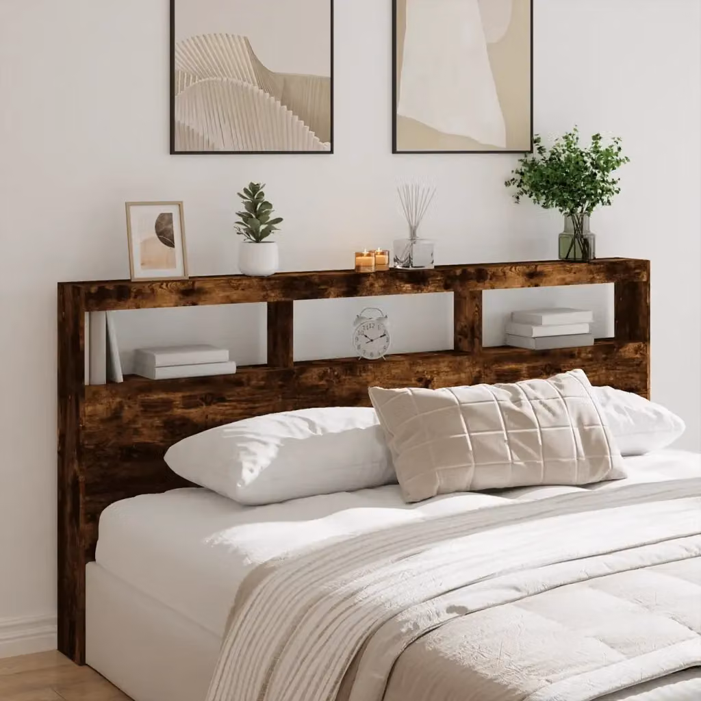 Testiera con contenitore e illuminazione LED in Rovere Fumo, con ripiano integrato e porta USB, L 200 x P 17 x H 102 cm – 2