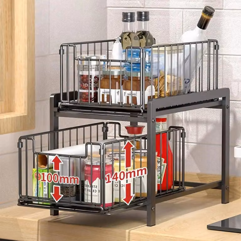 Organizzatore per la cucina - Scaffale per armadi - A due ripiani - Per il lavello - Adatto per cucina e bagno - Colore nero