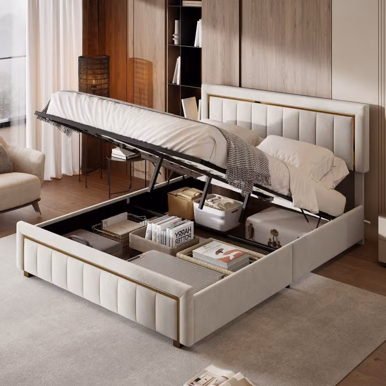 Letto imbottito Fortuna Lai 160x200cm, letto contenitore funzionale, letto matrimoniale, rete a sollevamento idraulico e rete a doghe, velluto, beige