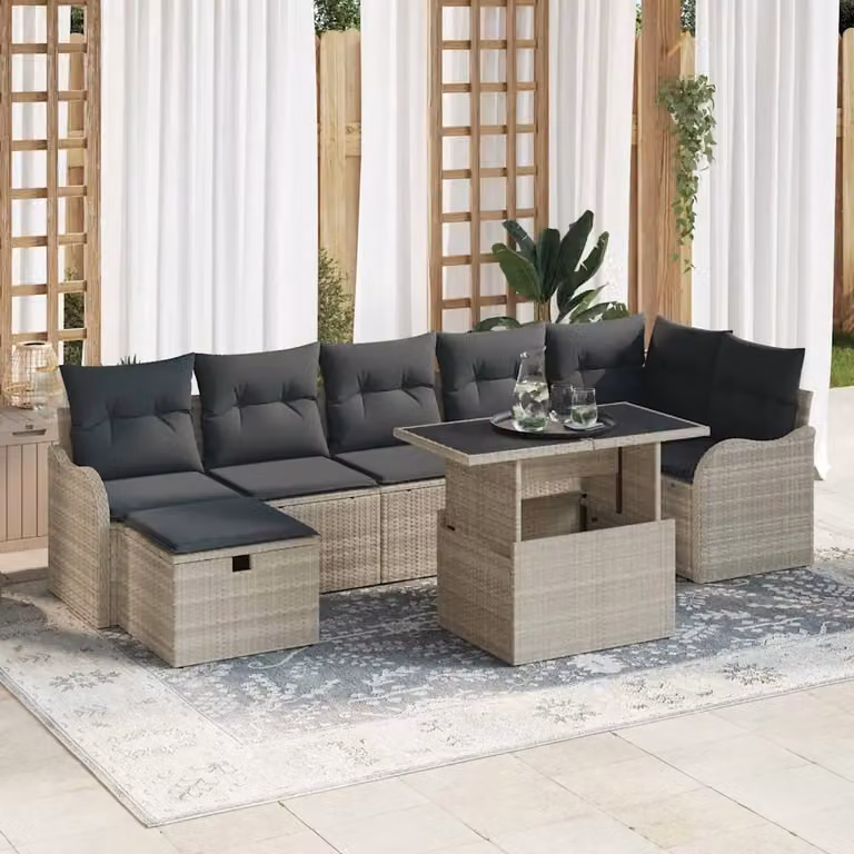 Set Divano da Giardino vidaXL 8 Pezzi in Rattan Grigio con Cuscini e Tavolino da Esterno