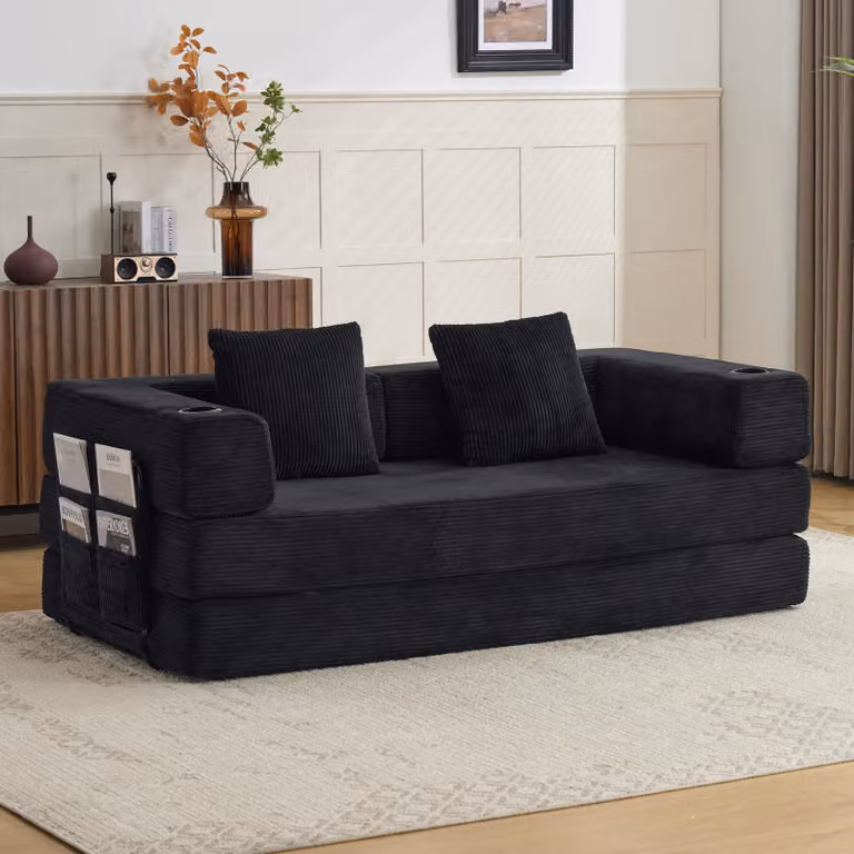 Divano a pavimento, divano componibile, trasformabile, con cuscini, braccioli, portabicchieri, tasche laterali, rivestito in tessuto corduroy, ideale per soggiorno/camera da letto. L3
