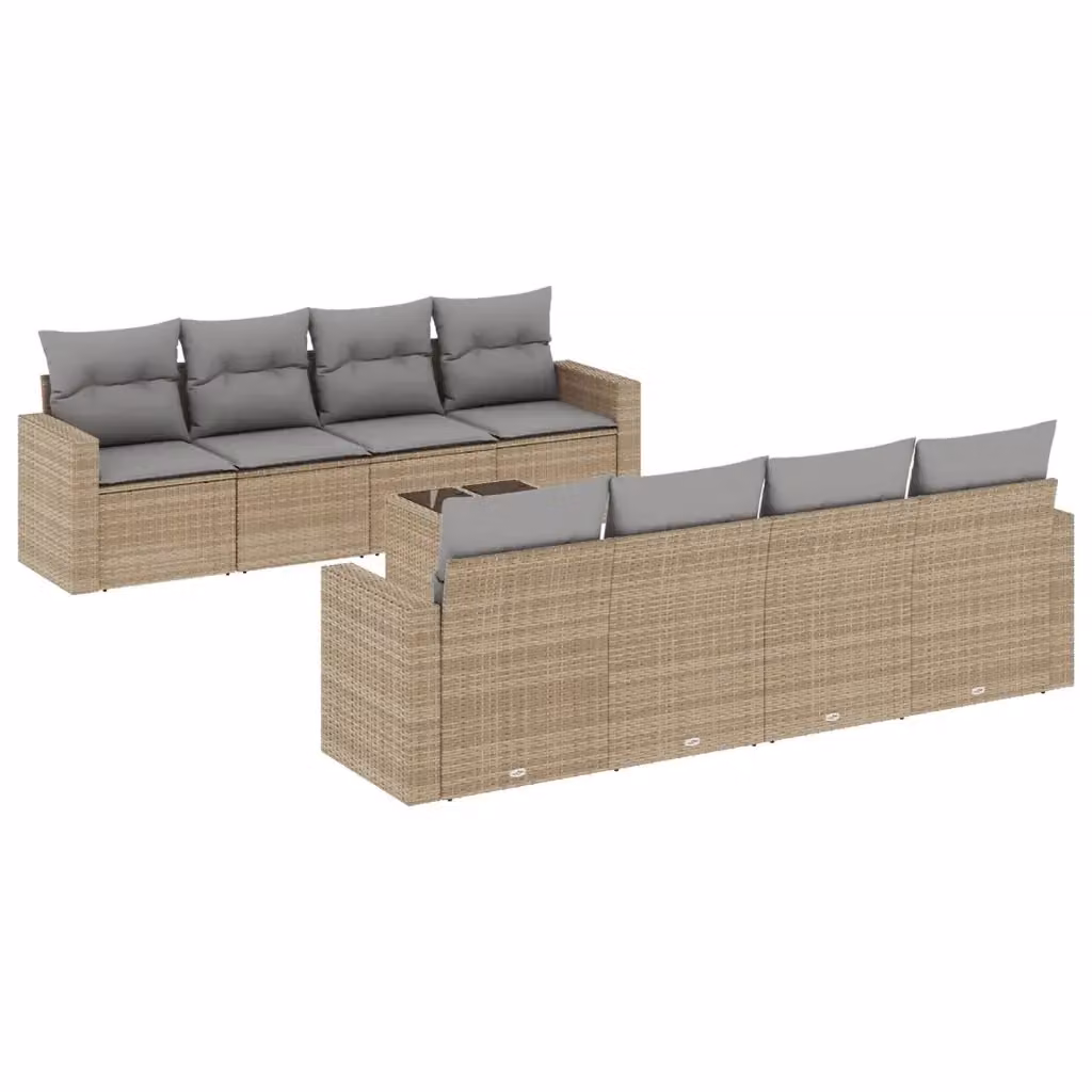 vidaXL Set Divano da Giardino 9 pz a forma di U in Polyrattan con Cuscini Beige e Tavolino – 2