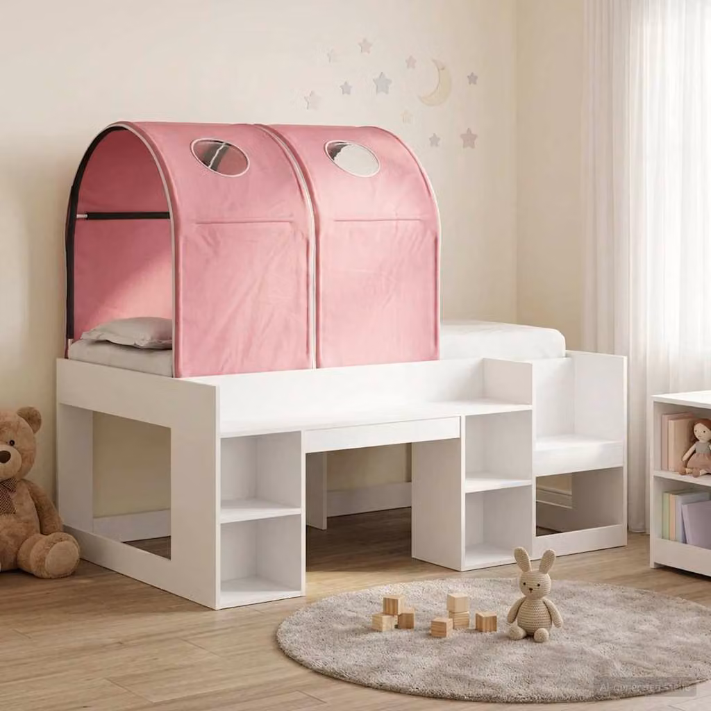 Letto per bambini vidaXL con struttura a casetta e tunnel, 3 pezzi, Bianco e Rosa, L/P/H: 120 x 163 x 108,5 cm