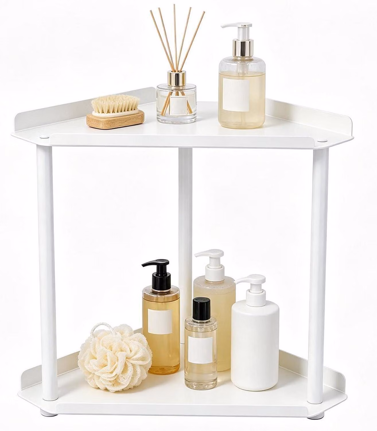 Organizzatore angolare a 2 ripiani, ideale per l'organizzazione e lo stoccaggio, dimensioni 27x15x27 cm, colore bianco, realizzato Acciaio al carbonio