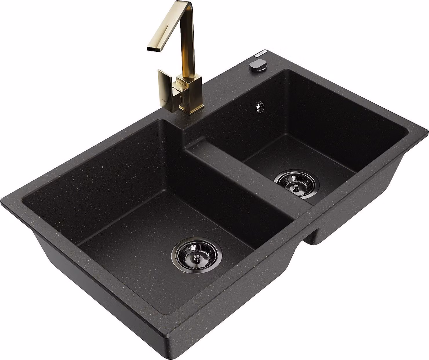 Mexen Tomas lavello da cucina in granito a 2 vasche con miscelatore Rita, nero/oro metallizzato - 6516-75-670300-50-B