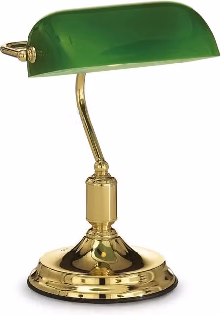 Lampada da scrivania classica IDEAL LUX Lawyer in metallo e ottone con paralume in vetro verde e attacco E27