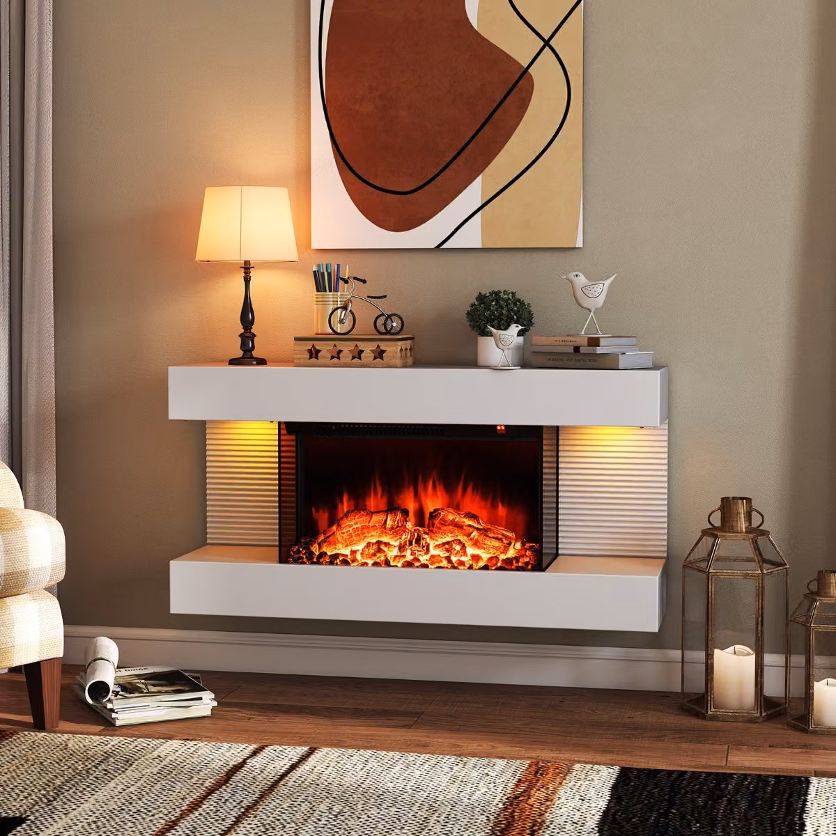 Camino elettrico da parete Costway Bianco con luci LED 12 colori di fiamma e potenza fino a 1500W
