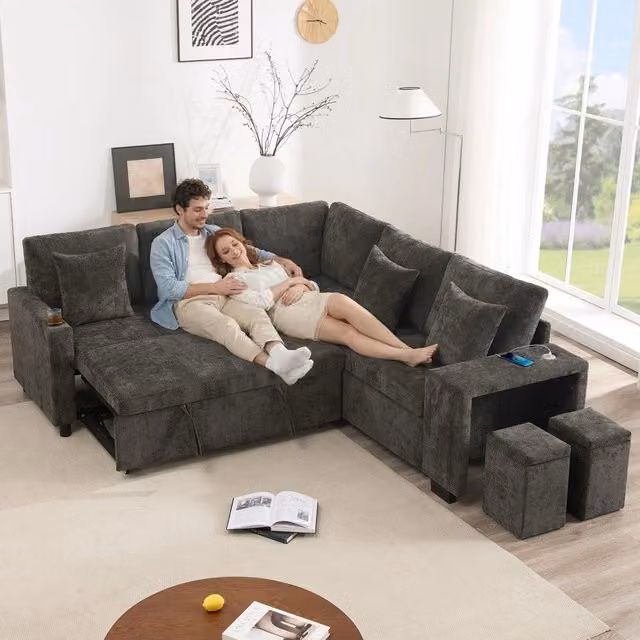 Divano letto angolare estraibile Minimal grigio in tessuto con contenitore, porte USB e cuscini inclusi