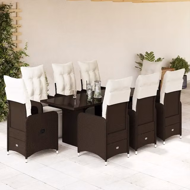 Set Bistrò da Giardino vidaXL in Polyrattan Marrone e Bianco con Cuscini e Tavolo in Vetro, 9 Pezzi – 1