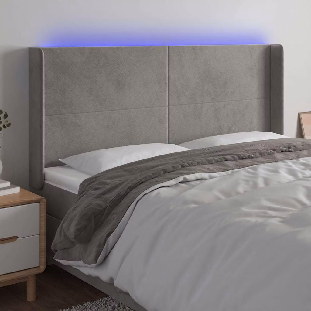 Testiera per letto vidaXL in velluto grigio con illuminazione LED e porta di ricarica USB, L: 163 cm, P: 16 cm, H: 118/128 cm