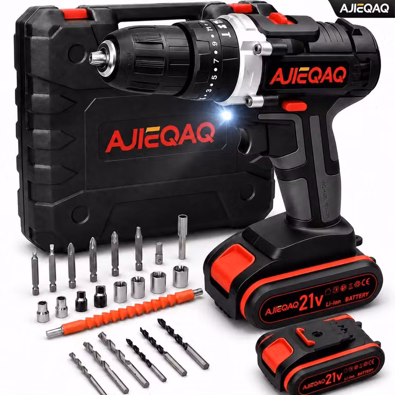 AJIEQAQ Trapano Avvitatore a Percussione 21V, Set 3 in 1 con 2×2,0Ah, 45 Nm, LED, Accessori & Valigetta