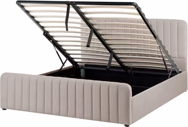 Letto con contenitore sollevabile in tessuto tortora 160 x 200 cm testiera imbottita gambe in metallo moderno