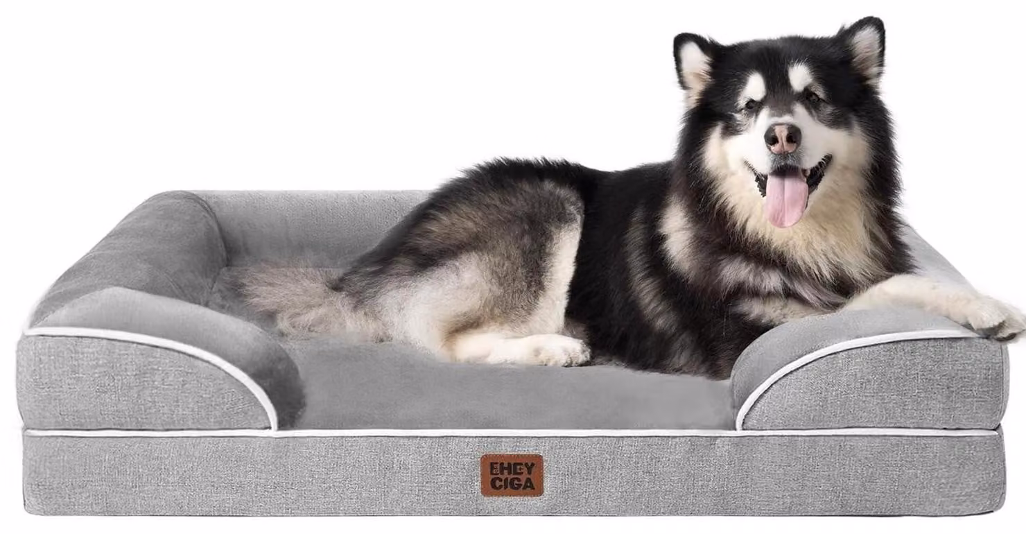 Cuccia ortopedica per cani, colore grigio, dimensioni 122x89 cm, con supporti per il collo e fondo impermeabile