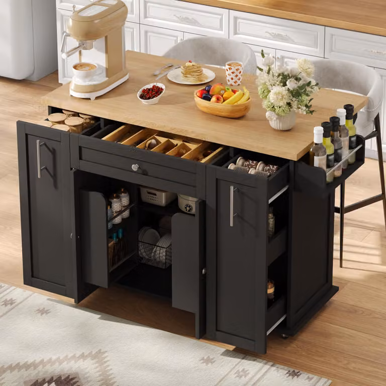 Isola mobile da cucina, dimensioni 120x45(70)x87 cm, piano di lavoro pieghevole, 3 cassetti, 2 ripiani a porta, ruote con freno.